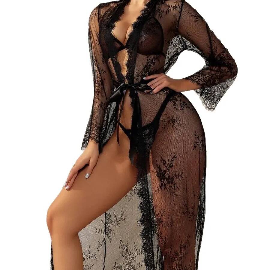 Kimono Sheer Floral - Roupão longo de renda preta transparente