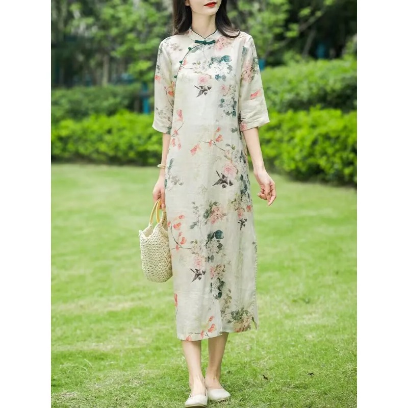 Midi Skirt Floral - Vestido Cheongsam Feminino Estilo Chinês em