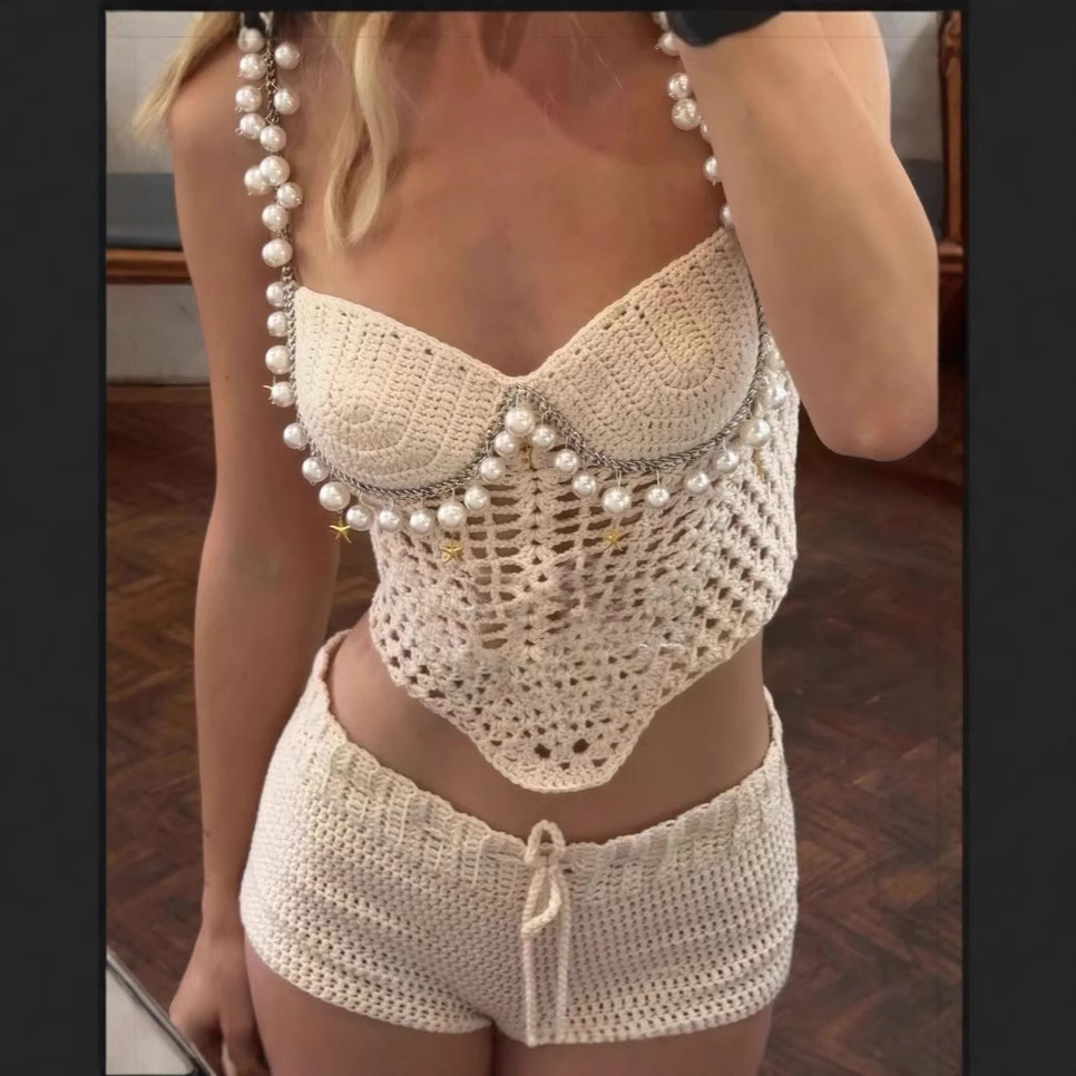 Crop Top Crochet - Sexy beading crochê colheita colete shorts