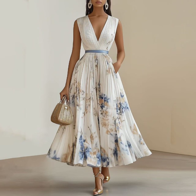 Midi Skirt Floral - Vestido Midi Floral Plissado Sem Mangas