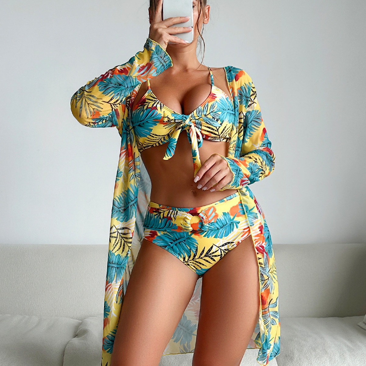 Maiô floral feminino de 3 peça - Kimono Sheer Floral avaliação e preço