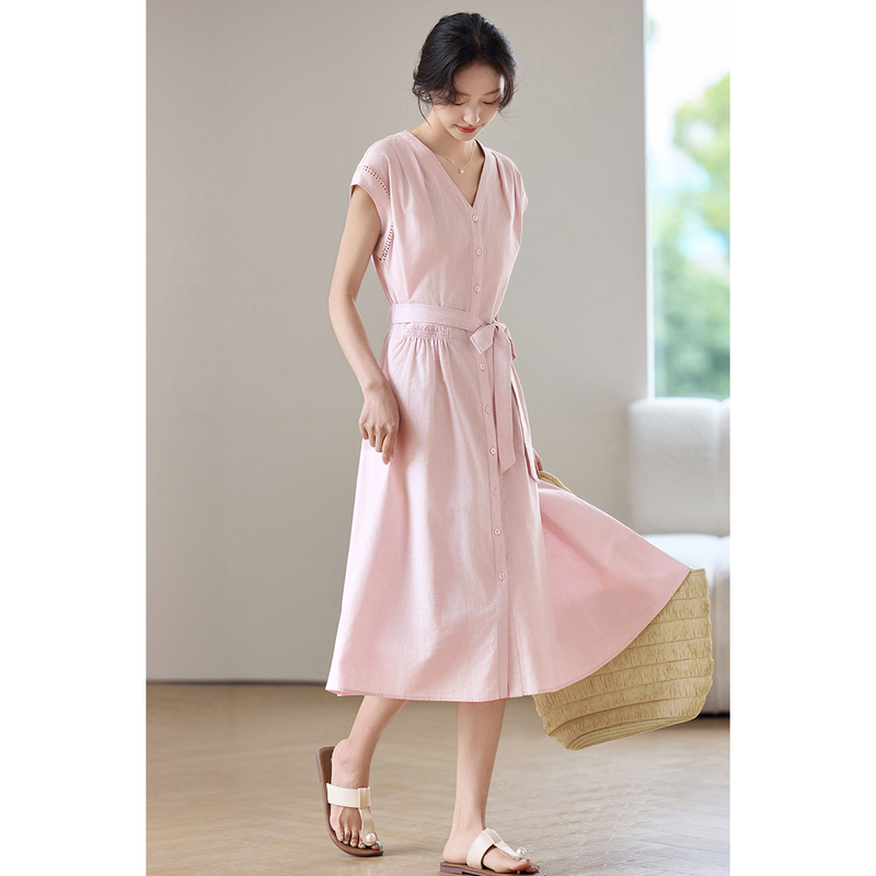 Vestido Midi Rosa Feminino SEN - Linen Dress Wrap avaliação e preço